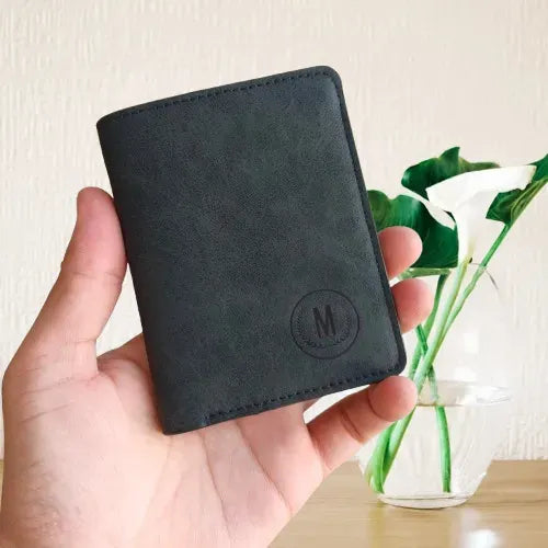 M / Logo Premium Slim Book Shape Leather Wallet for Men – 2 Cash Pockets, 6 Card Slots, 2 SIM Slots - Black