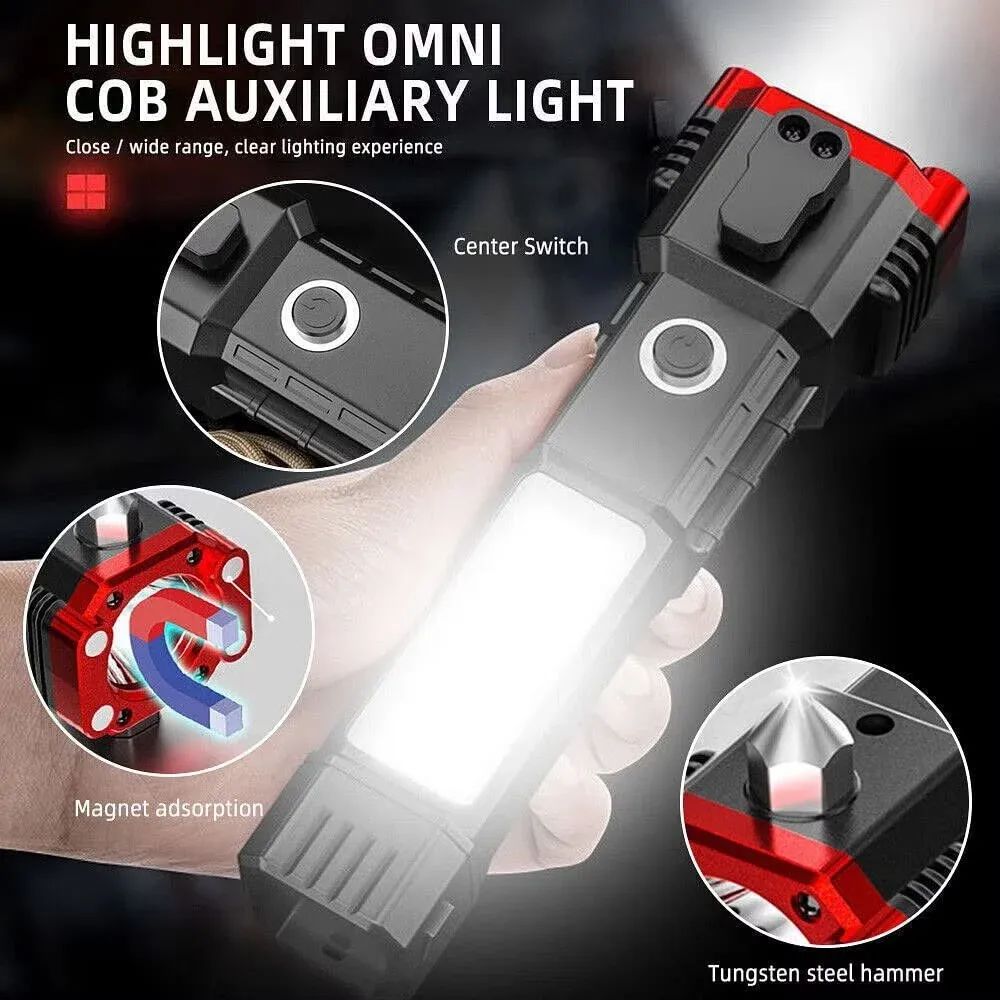 High-Power LED Torch Light - Rechargeable Flashlight With Tactical Hammer And Power Bank - Electronic Accessory Designed For Illumination And Daily Utility Routine