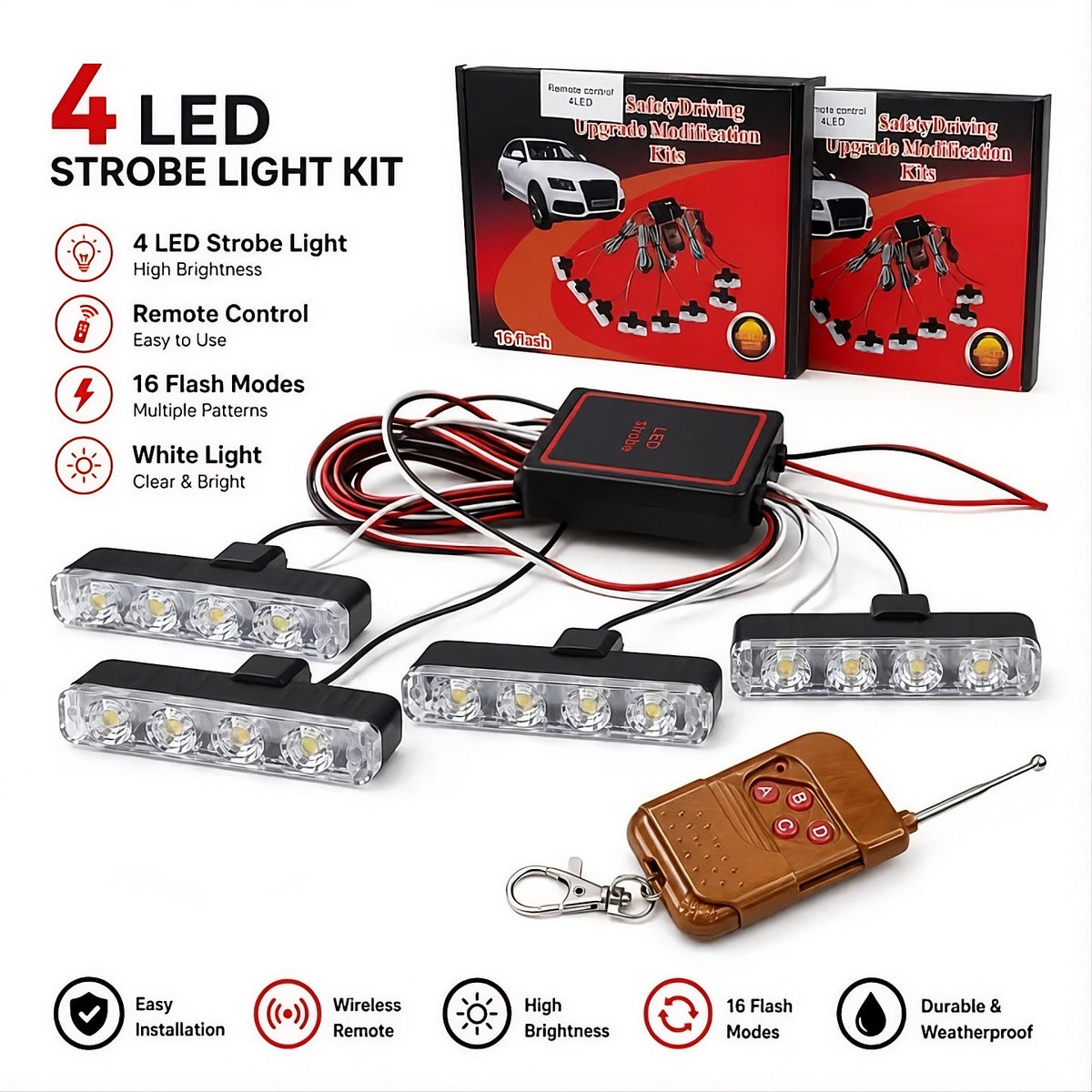 Remote Control Flasher For Bikes & Cars Car Grill Flasher 4 Pcs 16 leds